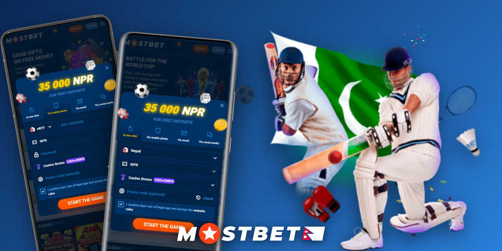 Mostbet create account banner showing four sign-up methods for Nepal players