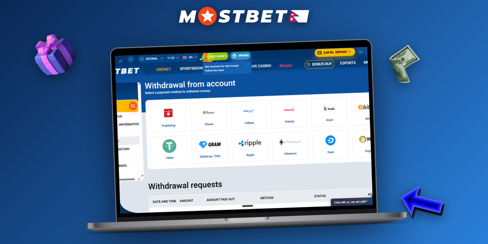 Mostbet withdrawal page on desktop showing eSewa, Khalti, Visa and USDT payment methods in NPR
